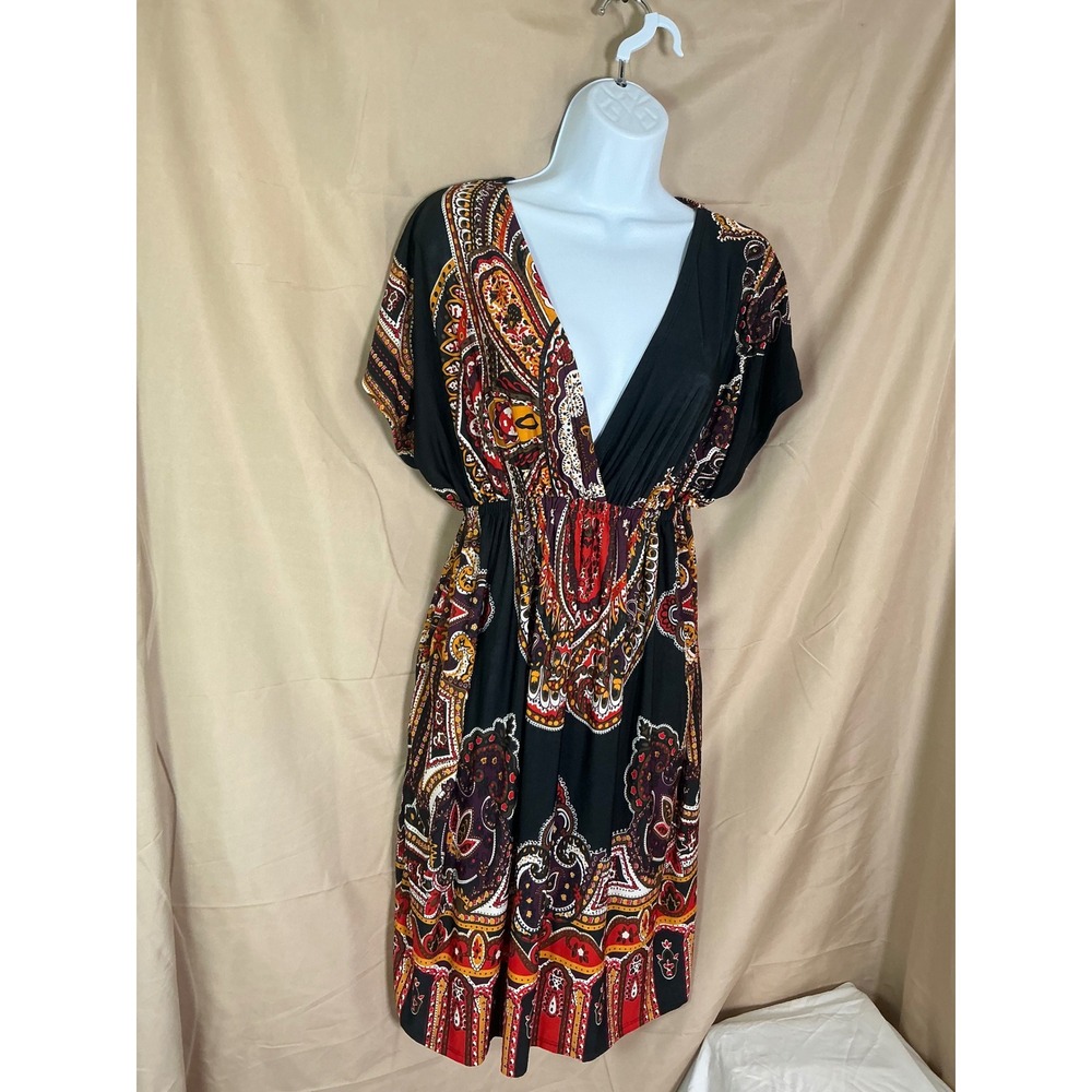 Cristina Love Paisley Empire Waist Dress Womens XL Black Red Excellent Boho Midi - Picture 2 of 12